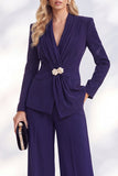 Ruched V-Neck Long Sleeve Blue Women Suits