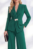 Ruched V-Neck Long Sleeve Blue Women Suits