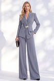 Ruched V-Neck Long Sleeve Blue Women Suits
