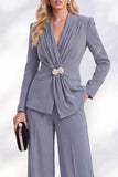 Ruched V-Neck Long Sleeve Blue Women Suits