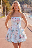 Strapless Floral Blue A Line Homecoming Dress With Pockets