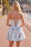 Strapless Floral Blue A Line Homecoming Dress With Pockets
