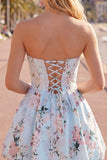Strapless Floral Blue A Line Homecoming Dress With Pockets
