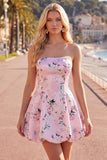 Strapless Floral Blue A Line Homecoming Dress With Pockets