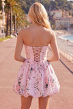 Strapless Floral Blue A Line Homecoming Dress With Pockets