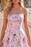Strapless Floral Blue A Line Homecoming Dress With Pockets