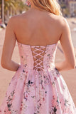 Strapless Floral Blue A Line Homecoming Dress With Pockets
