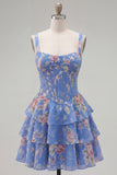 Square Neck Corset Floral Yellow A Line Homecoming Dress