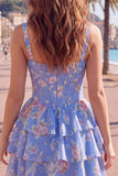 Square Neck Corset Floral Yellow A Line Homecoming Dress