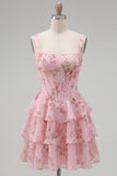 Square Neck Corset Floral Yellow A Line Homecoming Dress