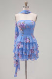 Strapless Pink Floral A Line Homecoming Dress With Scarf