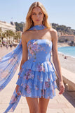 Strapless Pink Floral A Line Homecoming Dress With Scarf