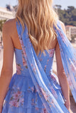 Strapless Pink Floral A Line Homecoming Dress With Scarf