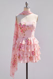 Strapless Pink Floral A Line Homecoming Dress With Scarf