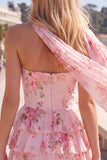 Strapless Pink Floral A Line Homecoming Dress With Scarf