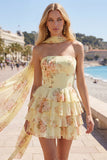 Strapless Pink Floral A Line Homecoming Dress With Scarf