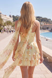 Strapless Pink Floral A Line Homecoming Dress With Scarf
