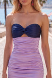 Strapless Bodycon Navy and Purple Homecoming Dress
