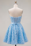 Strapless A Line Blue Homecoming Dress With 3D Flowers
