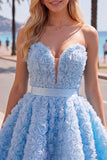Strapless A Line Blue Homecoming Dress With 3D Flowers