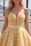 Strapless A Line Blue Homecoming Dress With 3D Flowers