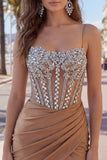 Sparkly Spaghetti Straps Bodycon Khaki Homecoming Dress
