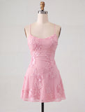 A Line Pink Floral Spaghetti Straps Homecoming Dress