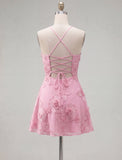A Line Pink Floral Spaghetti Straps Homecoming Dress
