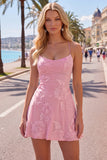 A Line Pink Floral Spaghetti Straps Homecoming Dress