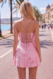 A Line Pink Floral Spaghetti Straps Homecoming Dress