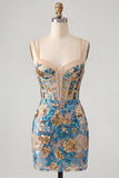 Blue Floral Corset Bodycon Sequins Homecoming Dress