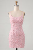 Floral Pink Bodycon Beaded Spaghetti Straps Homecoming Dress