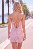 Floral Pink Bodycon Beaded Spaghetti Straps Homecoming Dress