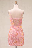 Floral Pink Bodycon Beaded Spaghetti Straps Homecoming Dress