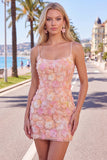 Floral Pink Bodycon Beaded Spaghetti Straps Homecoming Dress