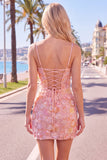 Floral Pink Bodycon Beaded Spaghetti Straps Homecoming Dress