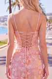Floral Pink Bodycon Beaded Spaghetti Straps Homecoming Dress