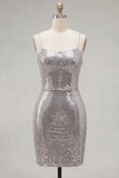 Bodycon Silver Sequins Floral Spaghetti Straps Homecoming Dress
