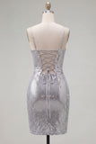 Bodycon Silver Sequins Floral Spaghetti Straps Homecoming Dress