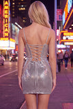Bodycon Silver Sequins Floral Spaghetti Straps Homecoming Dress
