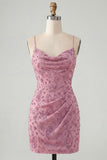 Pink Beaded Bodycon Spaghetti Straps Homecoming Dress