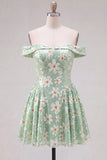 Off The Shoulder Floral Sequins A Line Green Homecoming Dress