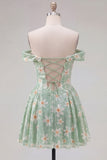 Off The Shoulder Floral Sequins A Line Green Homecoming Dress