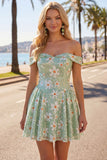 Off The Shoulder Floral Sequins A Line Green Homecoming Dress