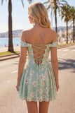 Off The Shoulder Floral Sequins A Line Green Homecoming Dress