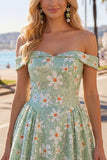 Off The Shoulder Floral Sequins A Line Green Homecoming Dress