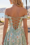 Off The Shoulder Floral Sequins A Line Green Homecoming Dress