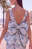 Floral Bodycon Boat Neck Blue Homecoming Dress With Bow