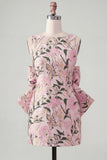 Floral Bodycon Boat Neck Blue Homecoming Dress With Bow