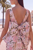 Floral Bodycon Boat Neck Blue Homecoming Dress With Bow